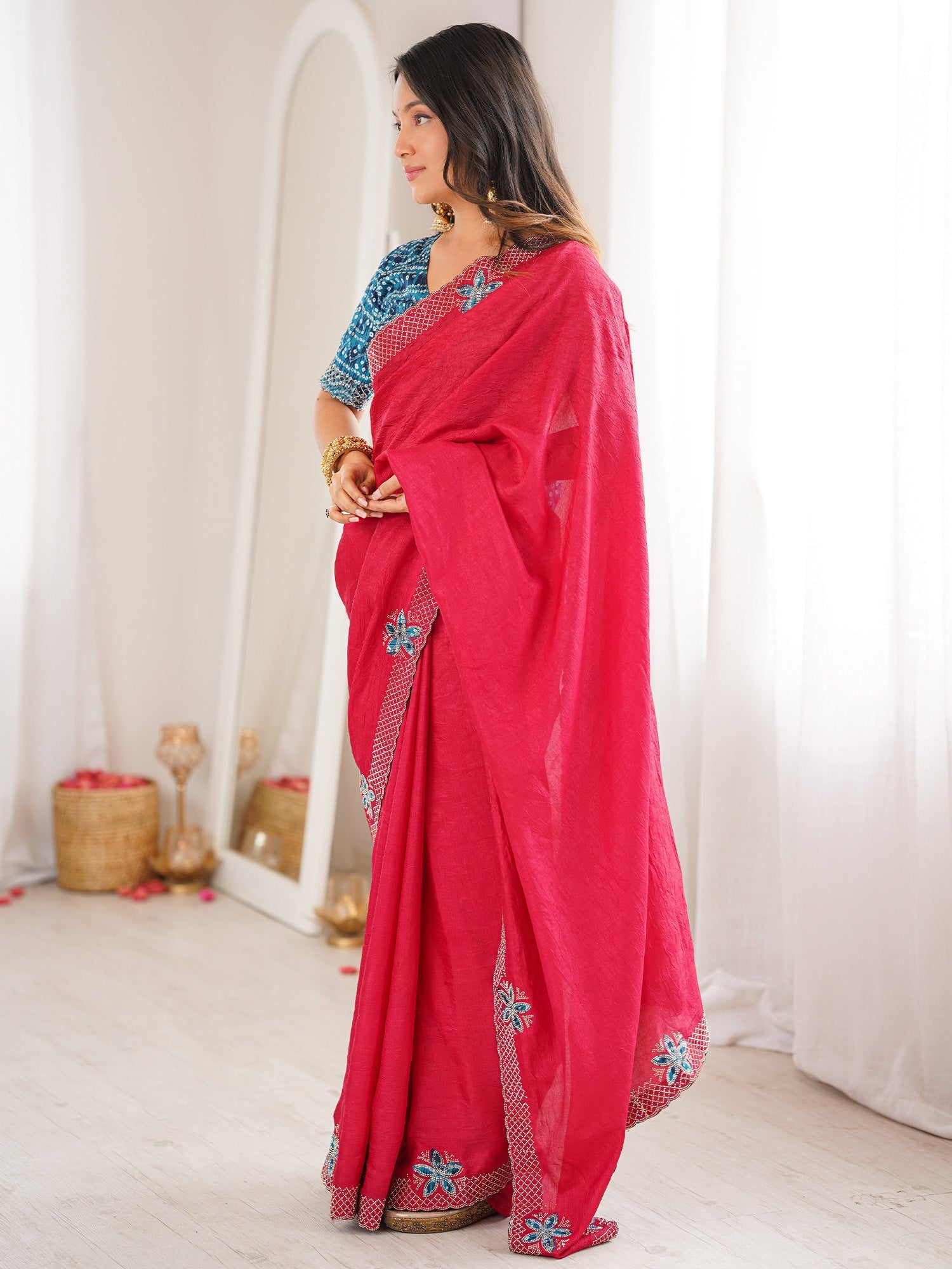 Rani Pink Dola Silk Saree with Embroidered Floral Border - Ressa