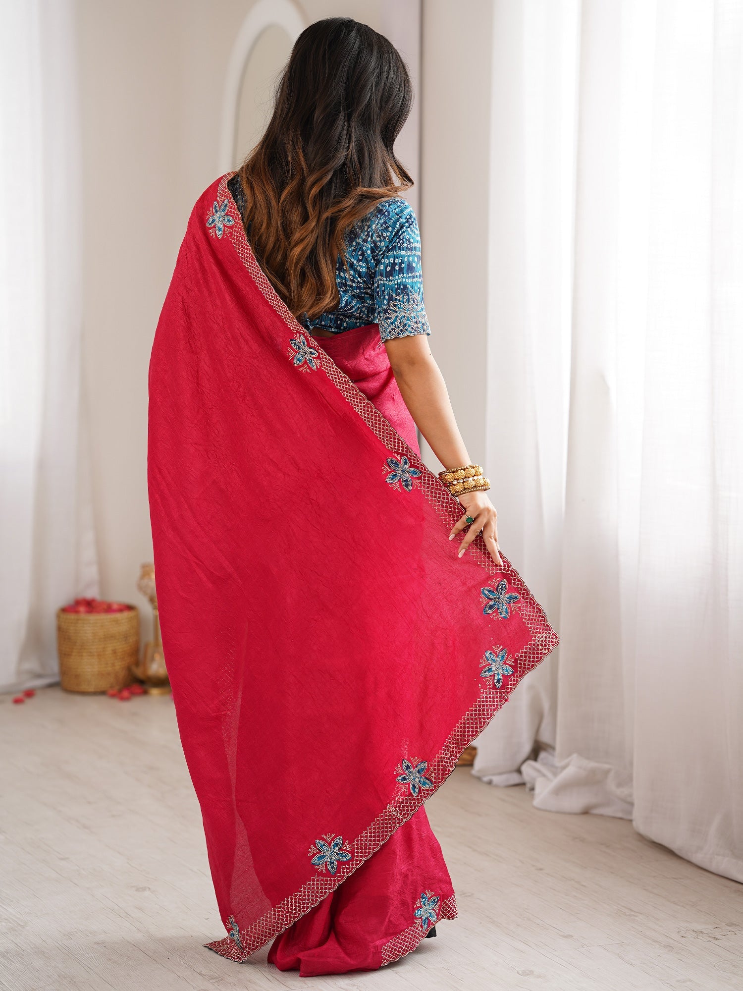 Rani Pink Dola Silk Saree with Embroidered Floral Border - Ressa