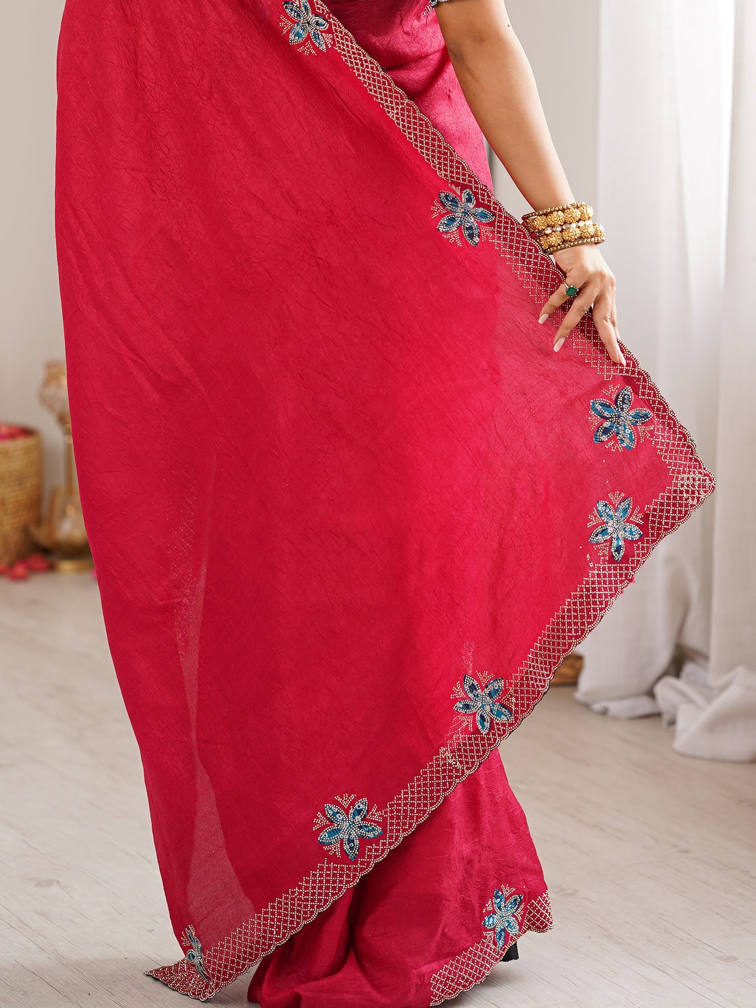 Rani Pink Dola Silk Saree with Embroidered Floral Border - Ressa