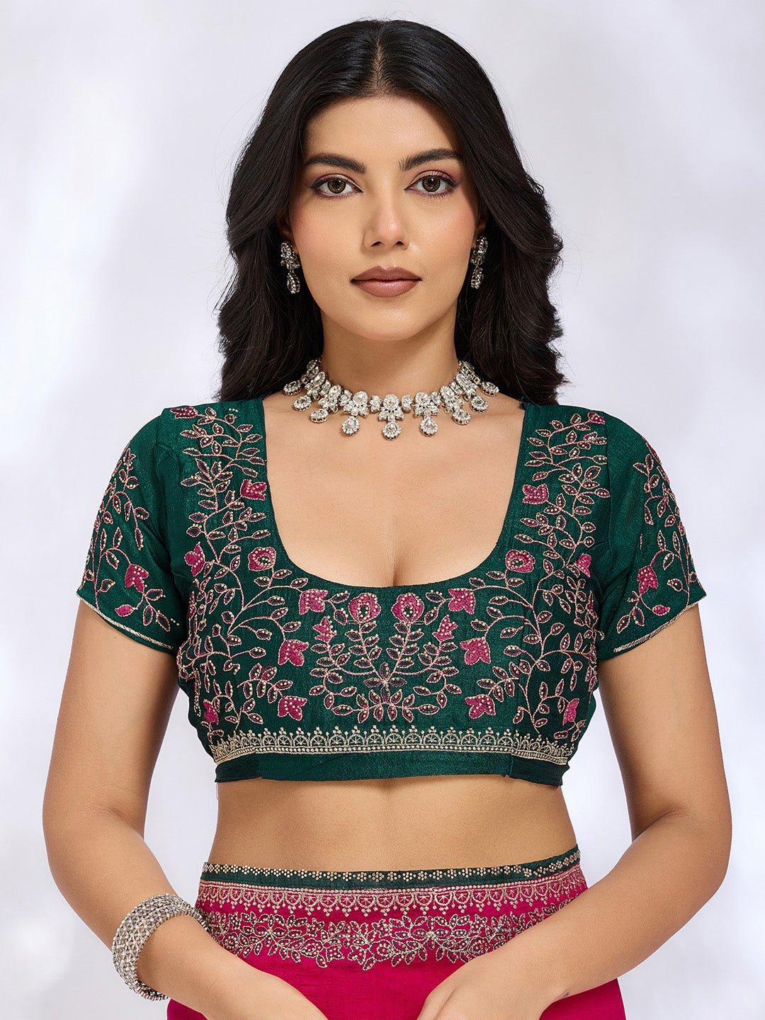 Rani Pink Embroidered Georgette Saree with Embroidered Blouse - Ressa