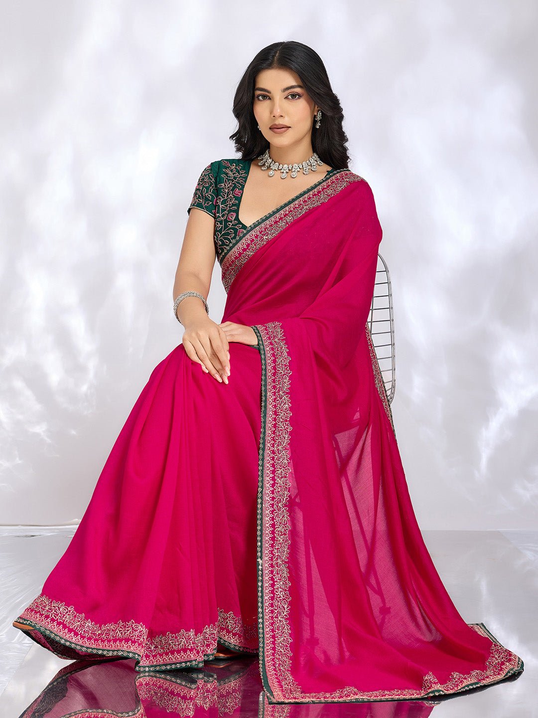 Rani Pink Embroidered Georgette Saree with Embroidered Blouse - Ressa