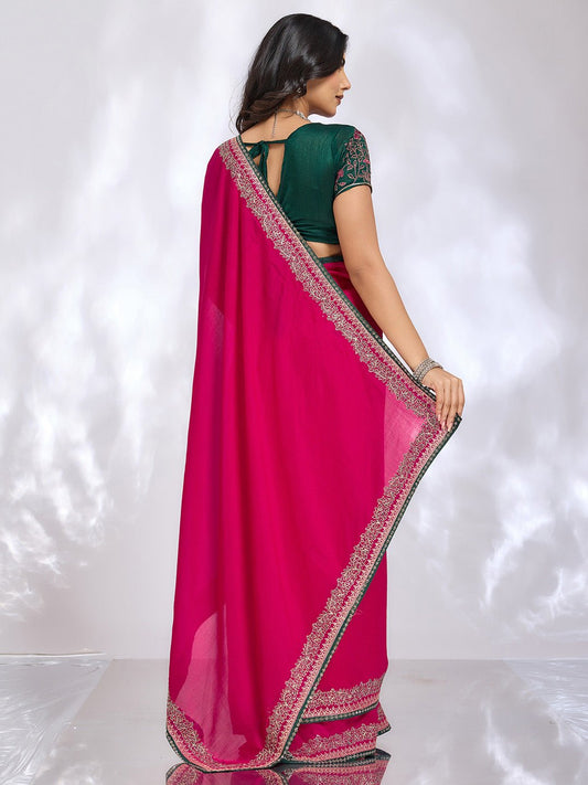 Rani Pink Embroidered Georgette Saree with Embroidered Blouse - Ressa