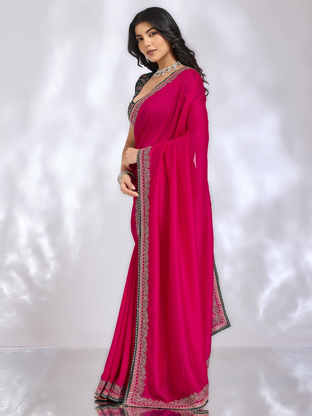 Rani Pink Embroidered Georgette Saree with Embroidered Blouse - Ressa