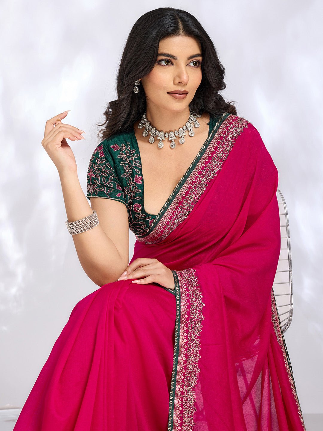 Rani Pink Embroidered Georgette Saree with Embroidered Blouse - Ressa