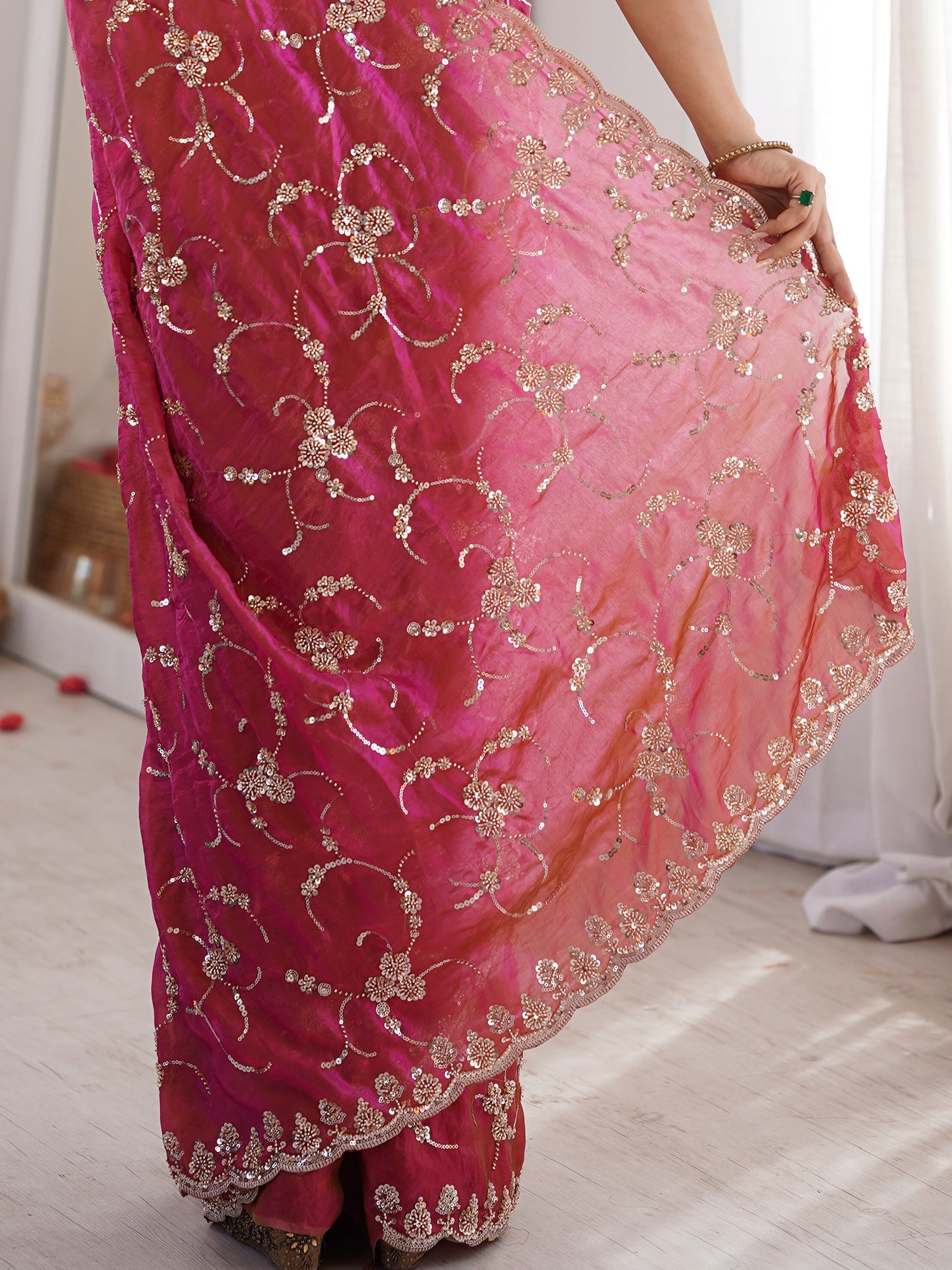Rani Pink Embroidered Organza Saree with Cutwork Border - Ressa