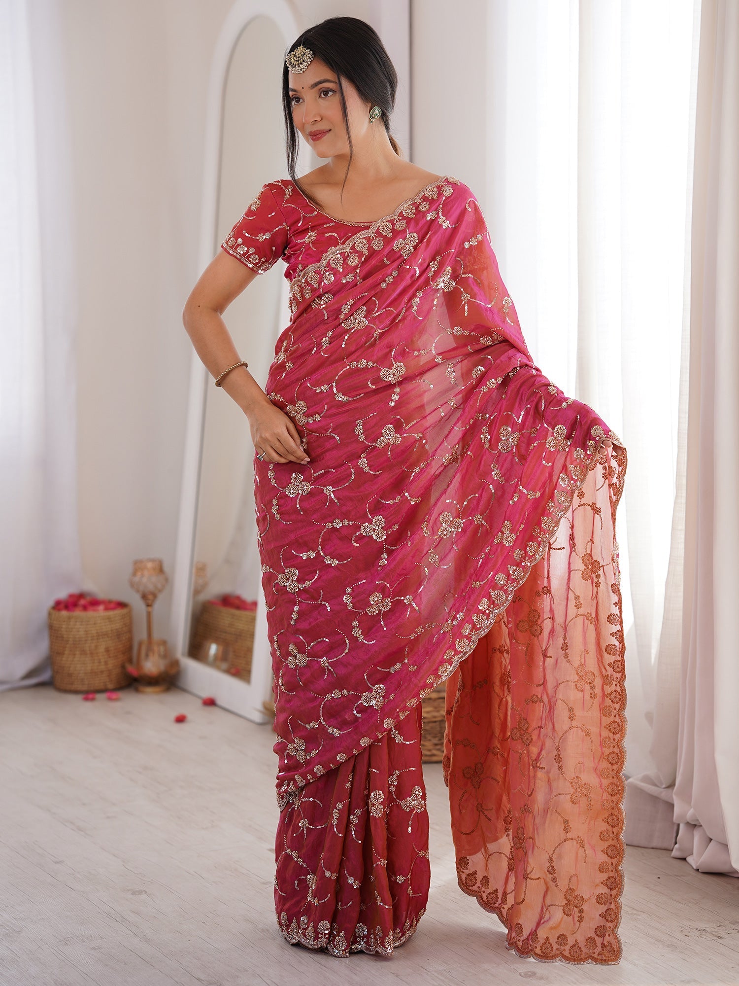 Rani Pink Embroidered Organza Saree with Cutwork Border - Ressa
