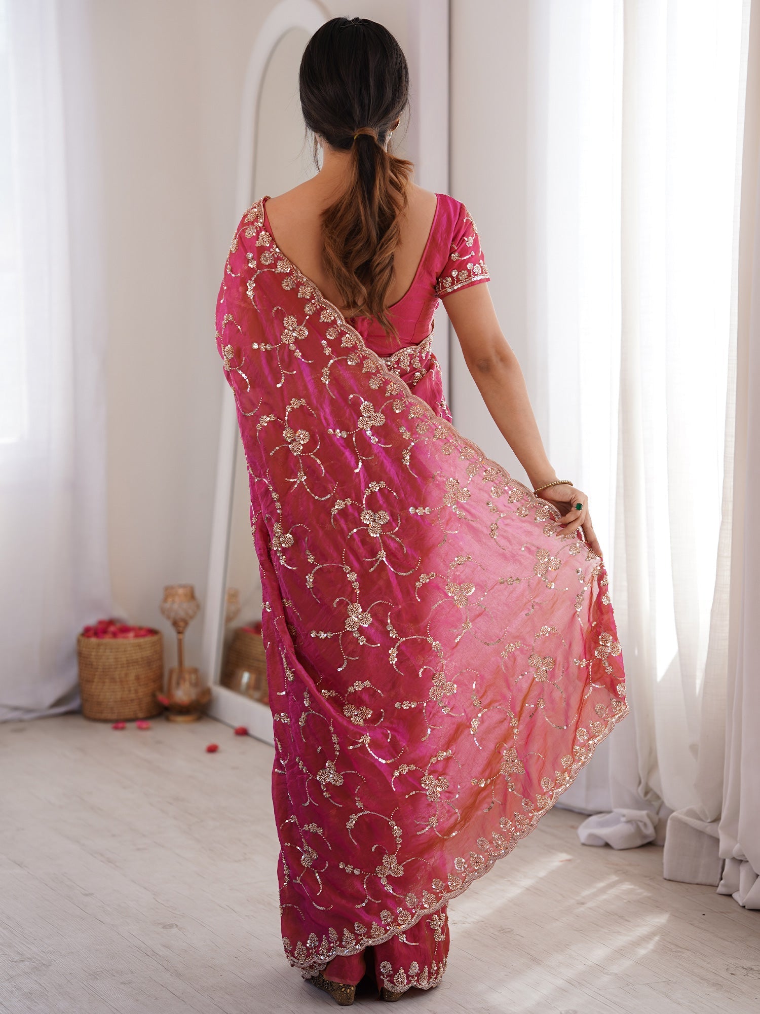 Rani Pink Embroidered Organza Saree with Cutwork Border - Ressa