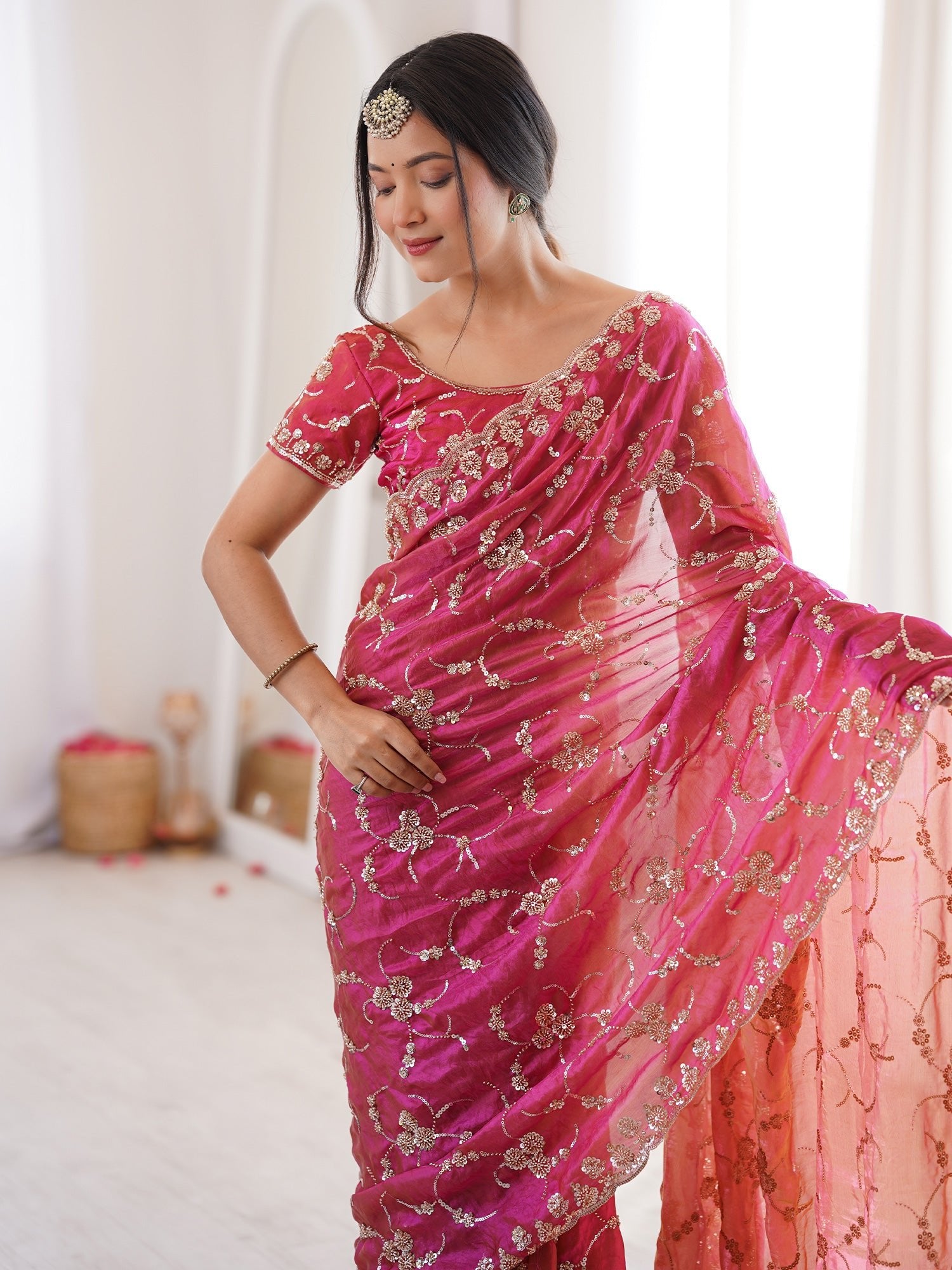Rani Pink Embroidered Organza Saree with Cutwork Border - Ressa
