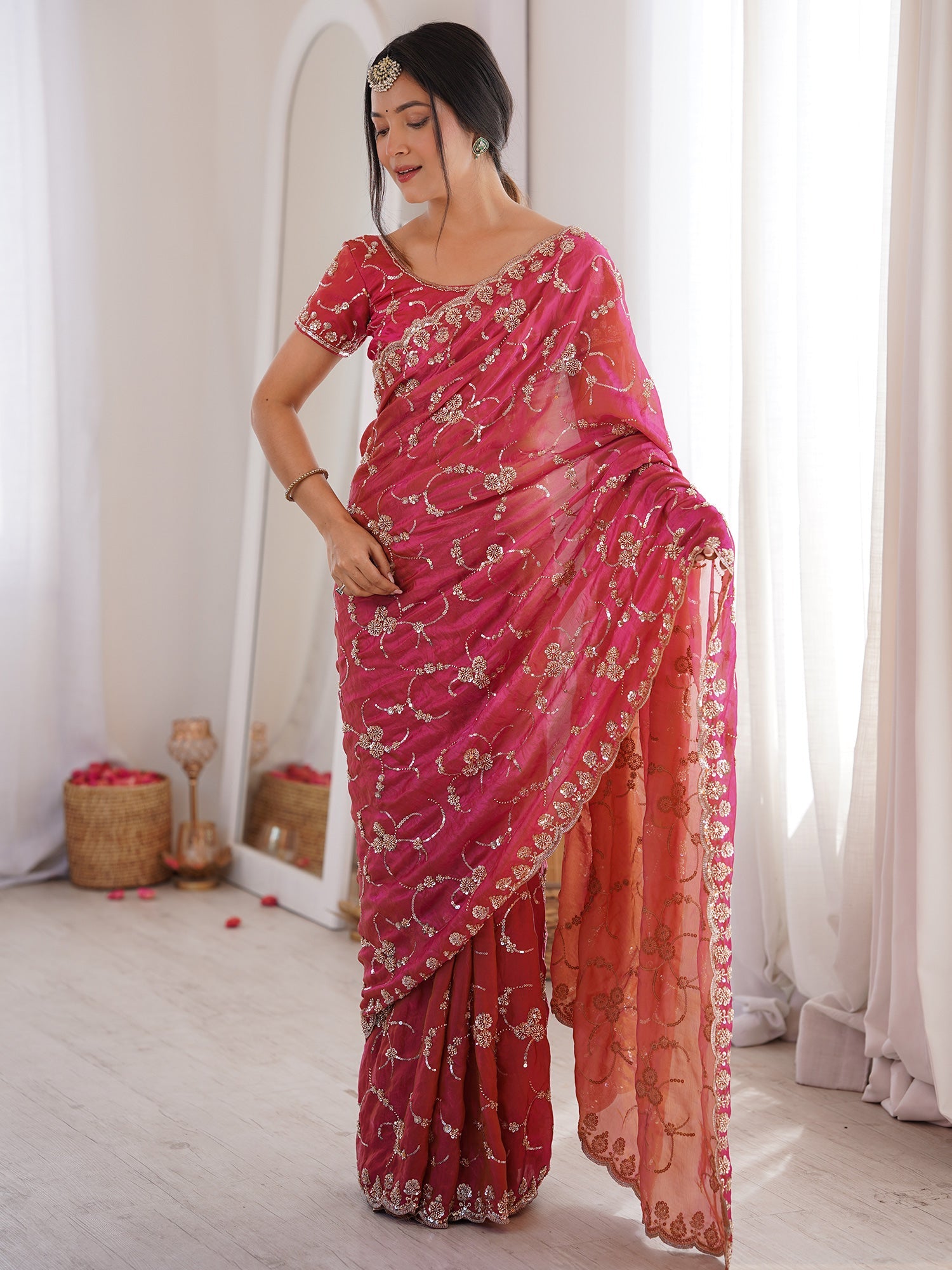 Rani Pink Embroidered Organza Saree with Cutwork Border - Ressa