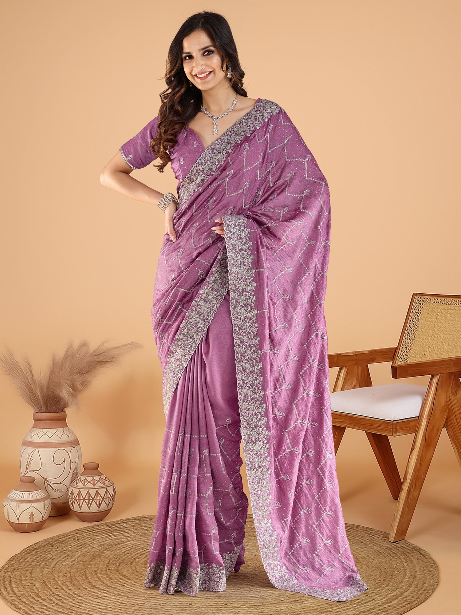 Rani Pink Embroidered Silk Saree with Blouse Piece - Ressa