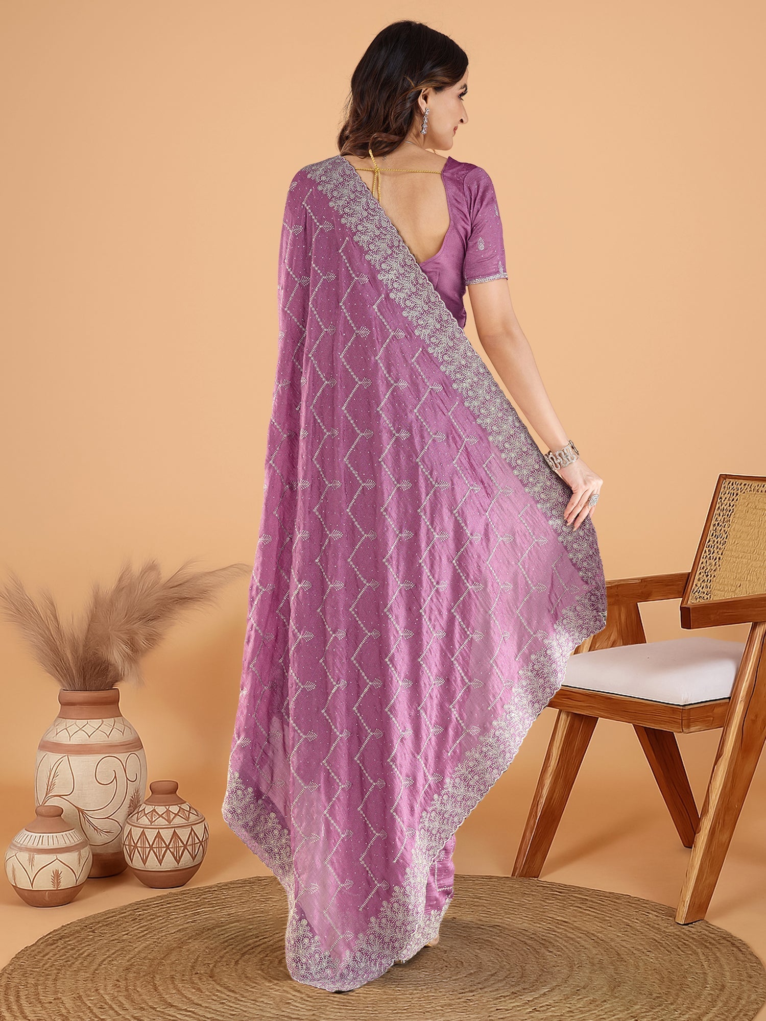Rani Pink Embroidered Silk Saree with Blouse Piece - Ressa