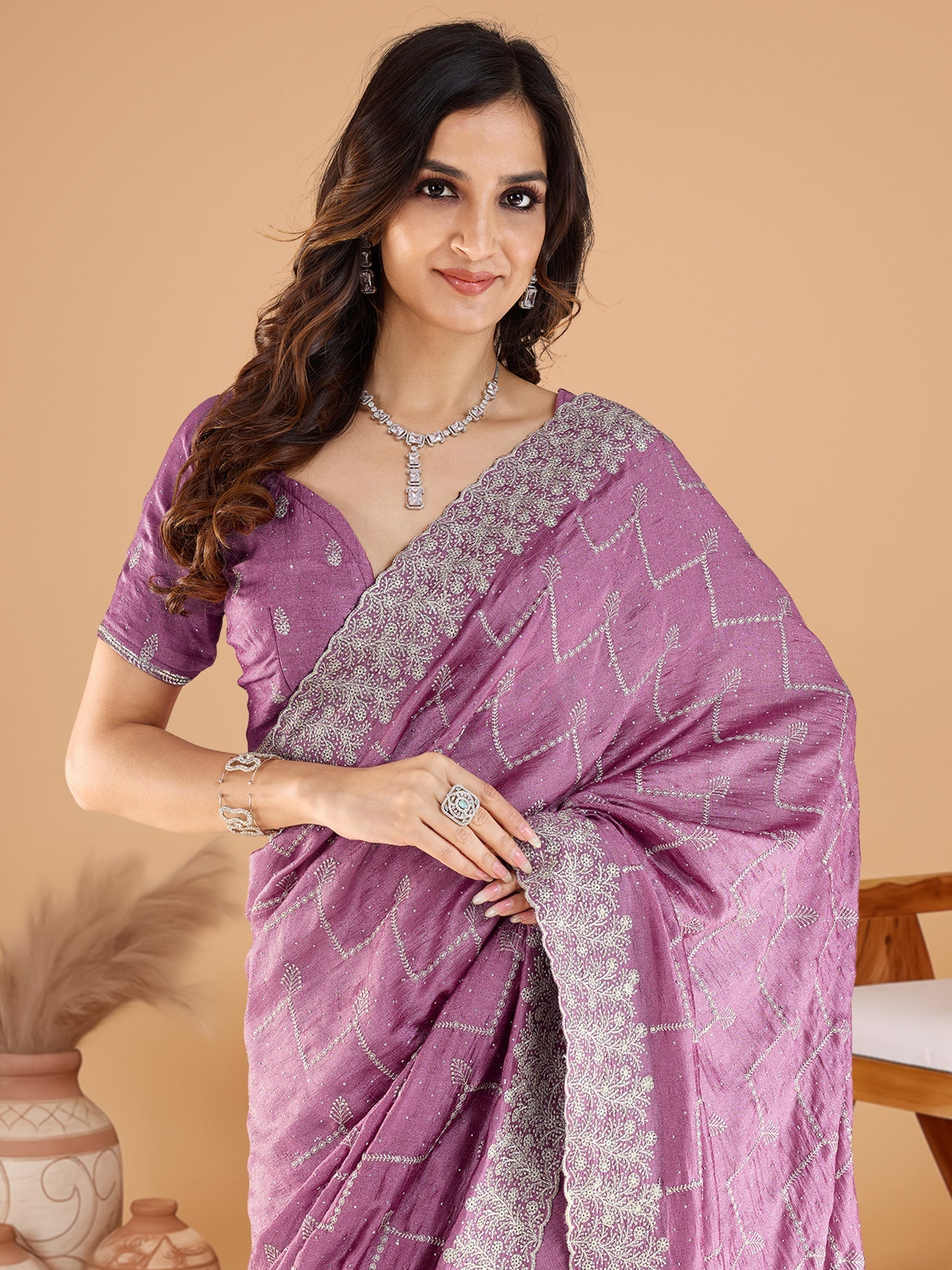 Rani Pink Embroidered Silk Saree with Blouse Piece - Ressa