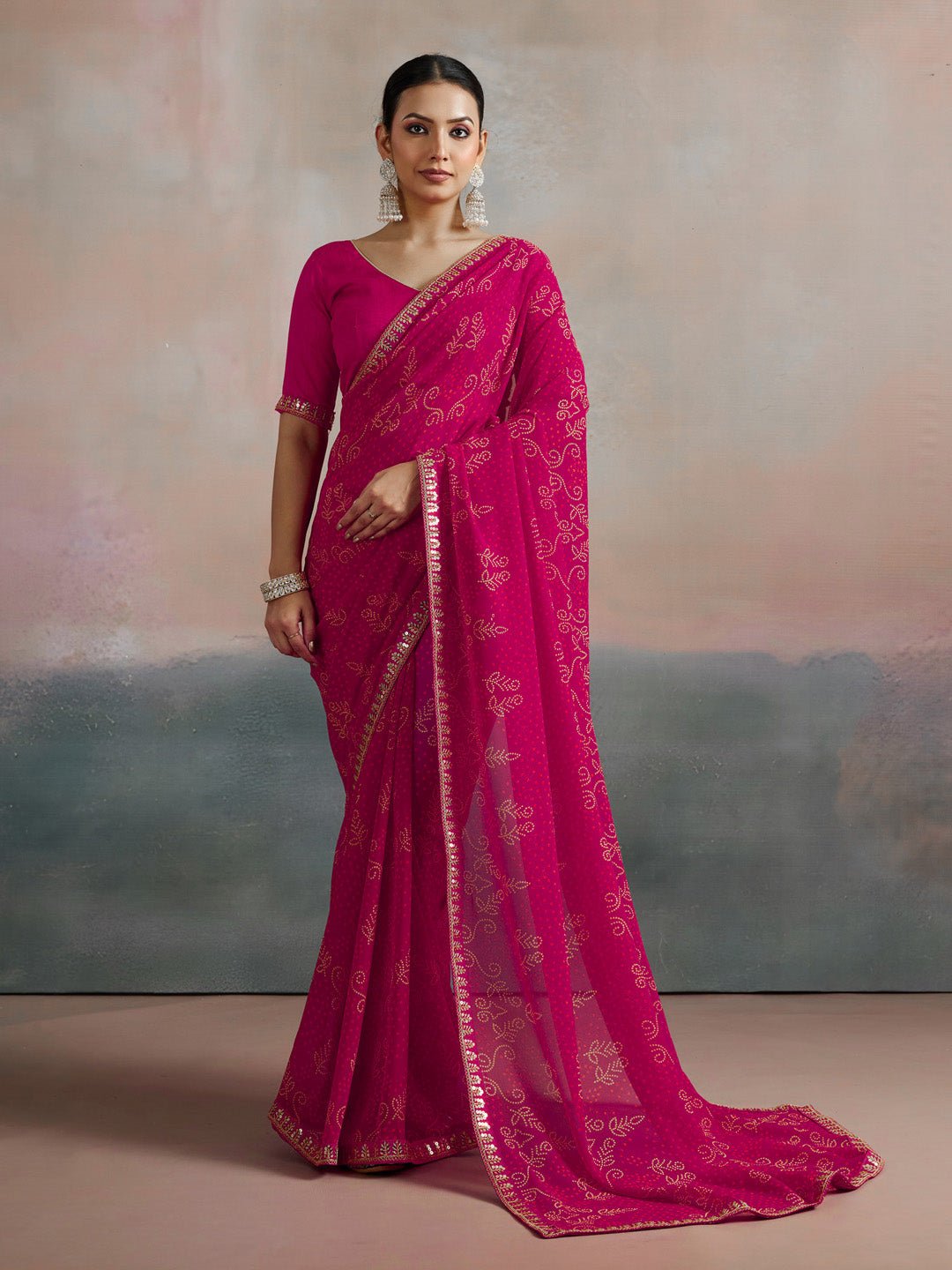 Rani Pink Floral Bandhani Printed Saree - Ressa
