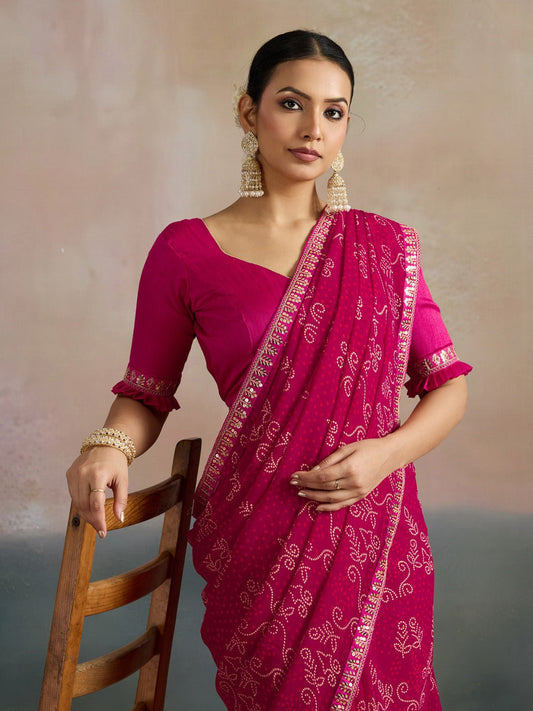 Rani Pink Floral Bandhani Printed Saree - Ressa
