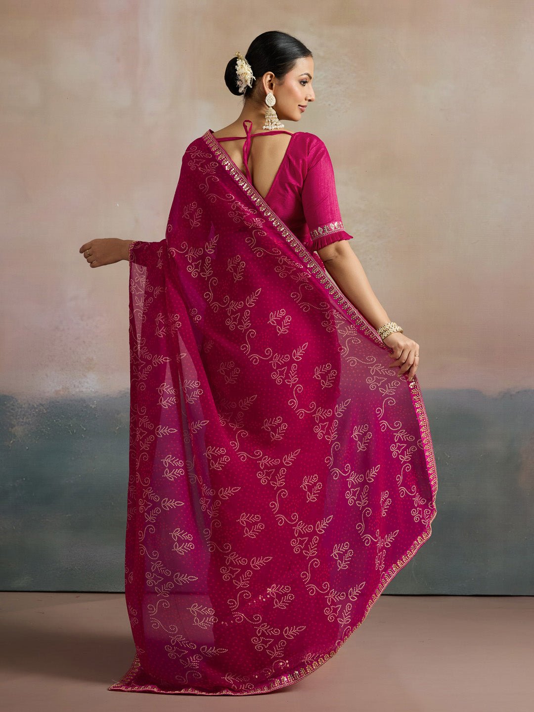 Rani Pink Floral Bandhani Printed Saree - Ressa