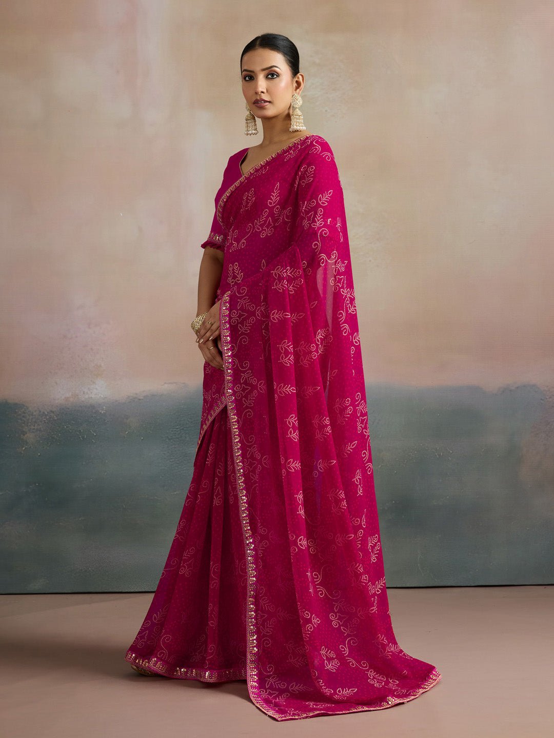 Rani Pink Floral Bandhani Printed Saree - Ressa