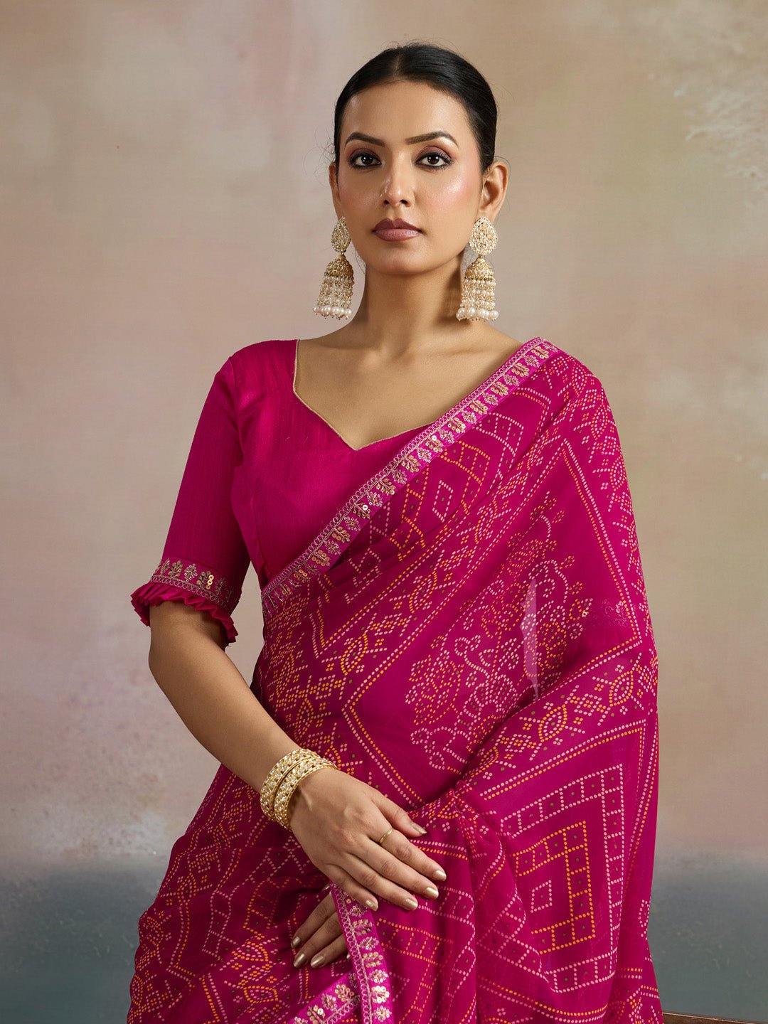 Rani Pink Georgette Bandhani Saree - Ressa