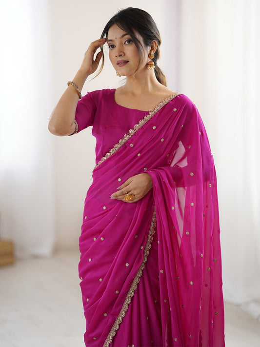 Rani Pink Georgette Saree with Embroidery Work - Ressa