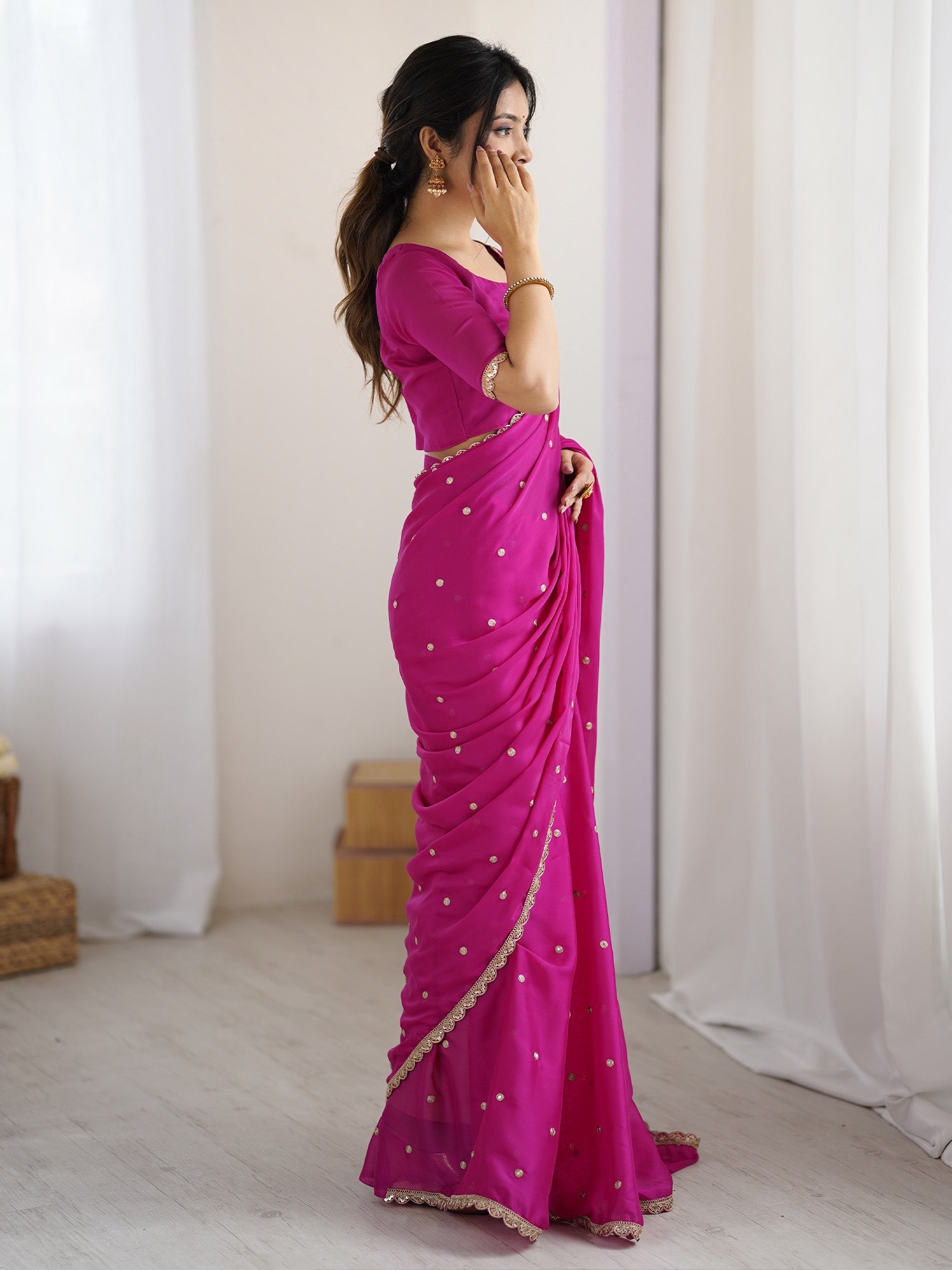 Rani Pink Georgette Saree with Embroidery Work - Ressa