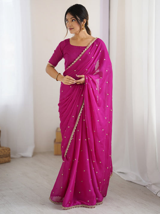 Rani Pink Georgette Saree with Embroidery Work - Ressa