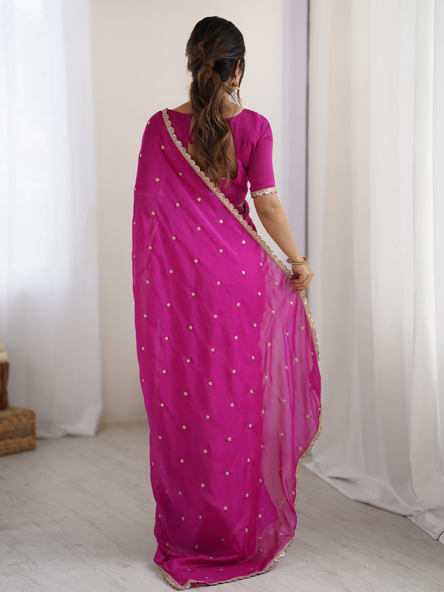 Rani Pink Georgette Saree with Embroidery Work - Ressa