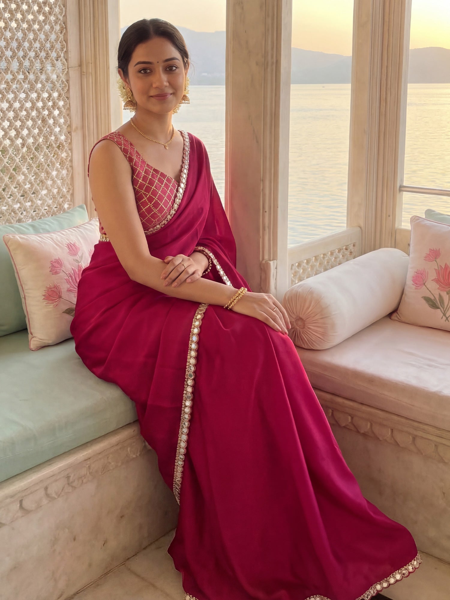 Rani Pink Georgette Saree with Mirror Work Border - Ressa
