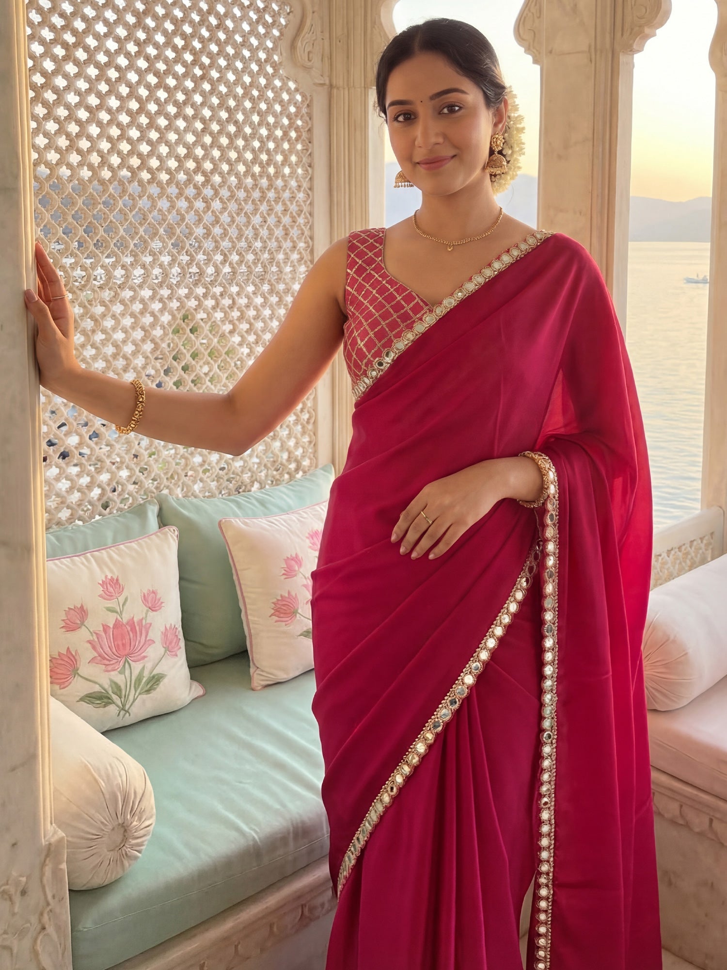 Rani Pink Georgette Saree with Mirror Work Border - Ressa