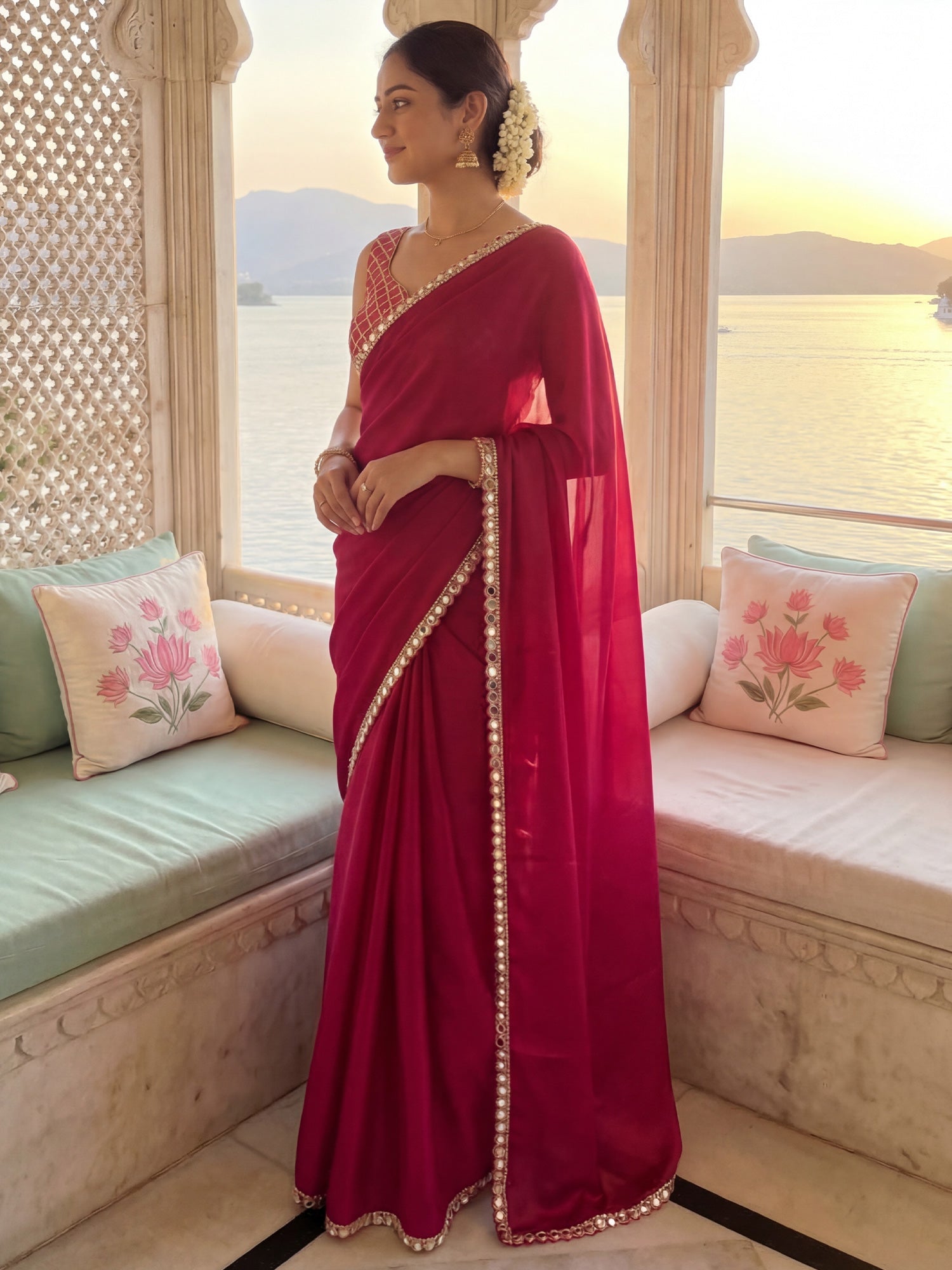 Rani Pink Georgette Saree with Mirror Work Border - Ressa