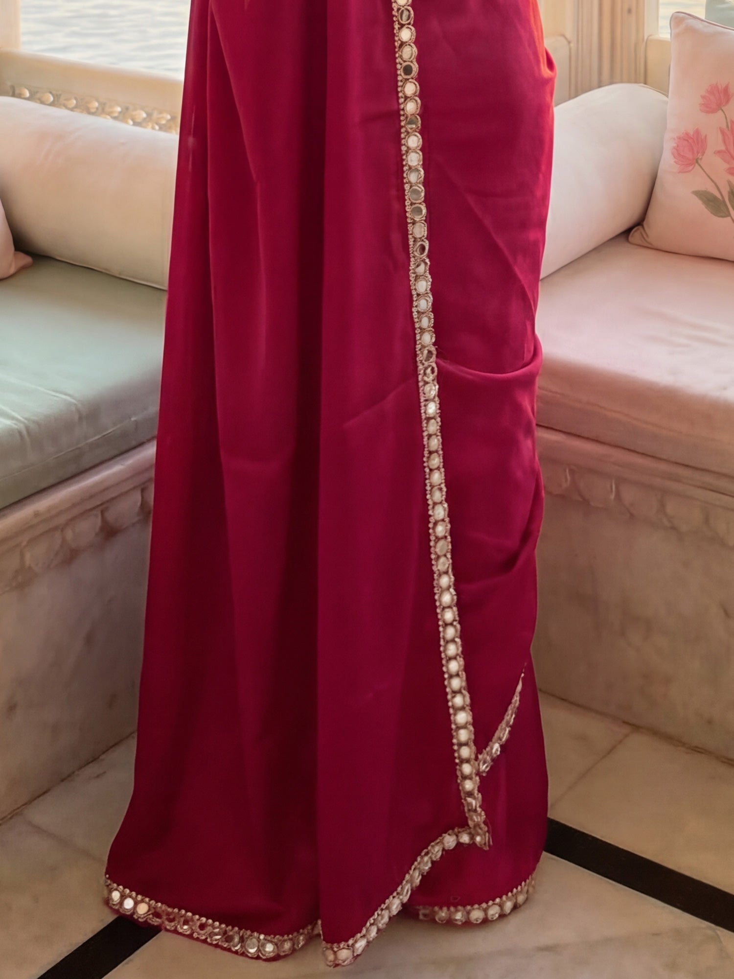 Rani Pink Georgette Saree with Mirror Work Border - Ressa