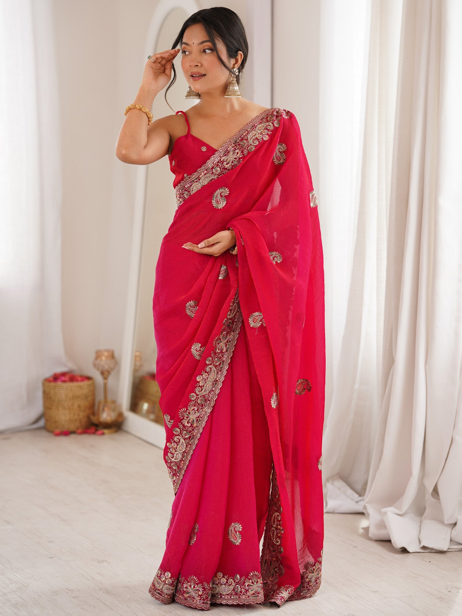 Rani Pink Georgette Silk Blend Saree - Ressa