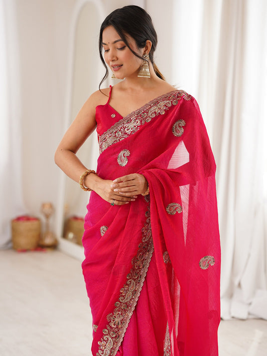 Rani Pink Georgette Silk Blend Saree - Ressa