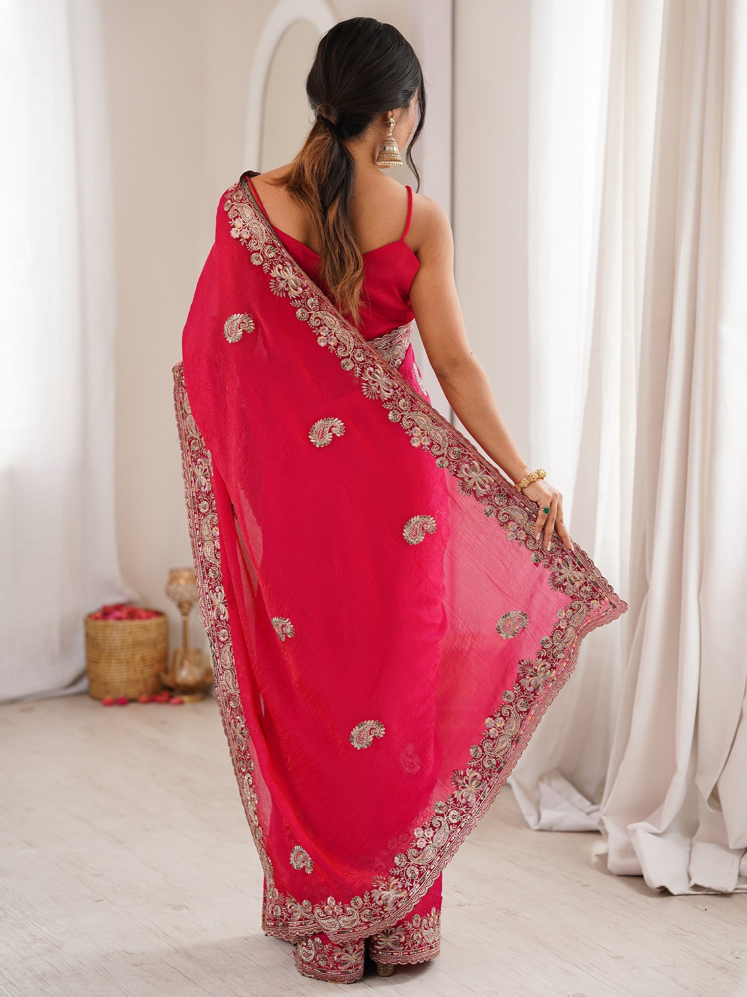 Rani Pink Georgette Silk Blend Saree - Ressa