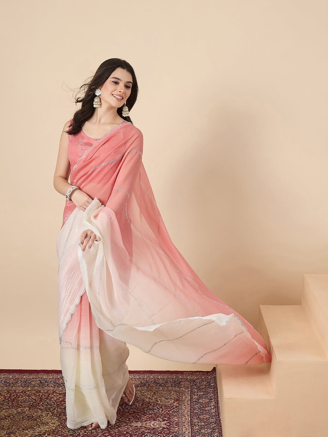 Rani Pink Ombre Organza Saree with Stone Work - Ressa