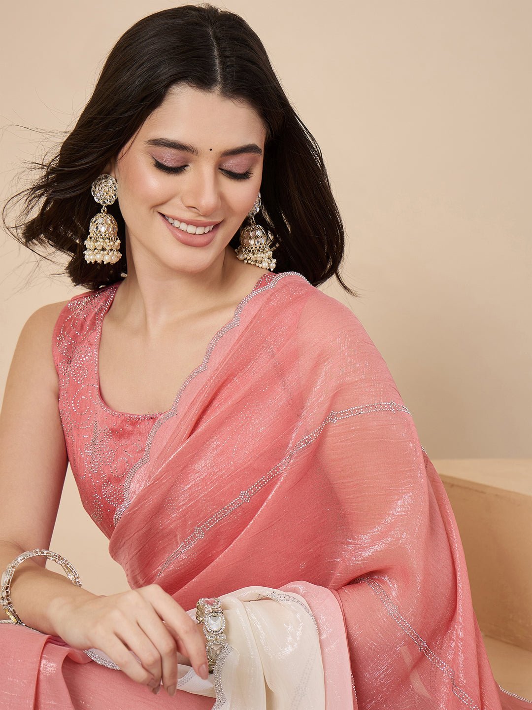 Rani Pink Ombre Organza Saree with Stone Work - Ressa