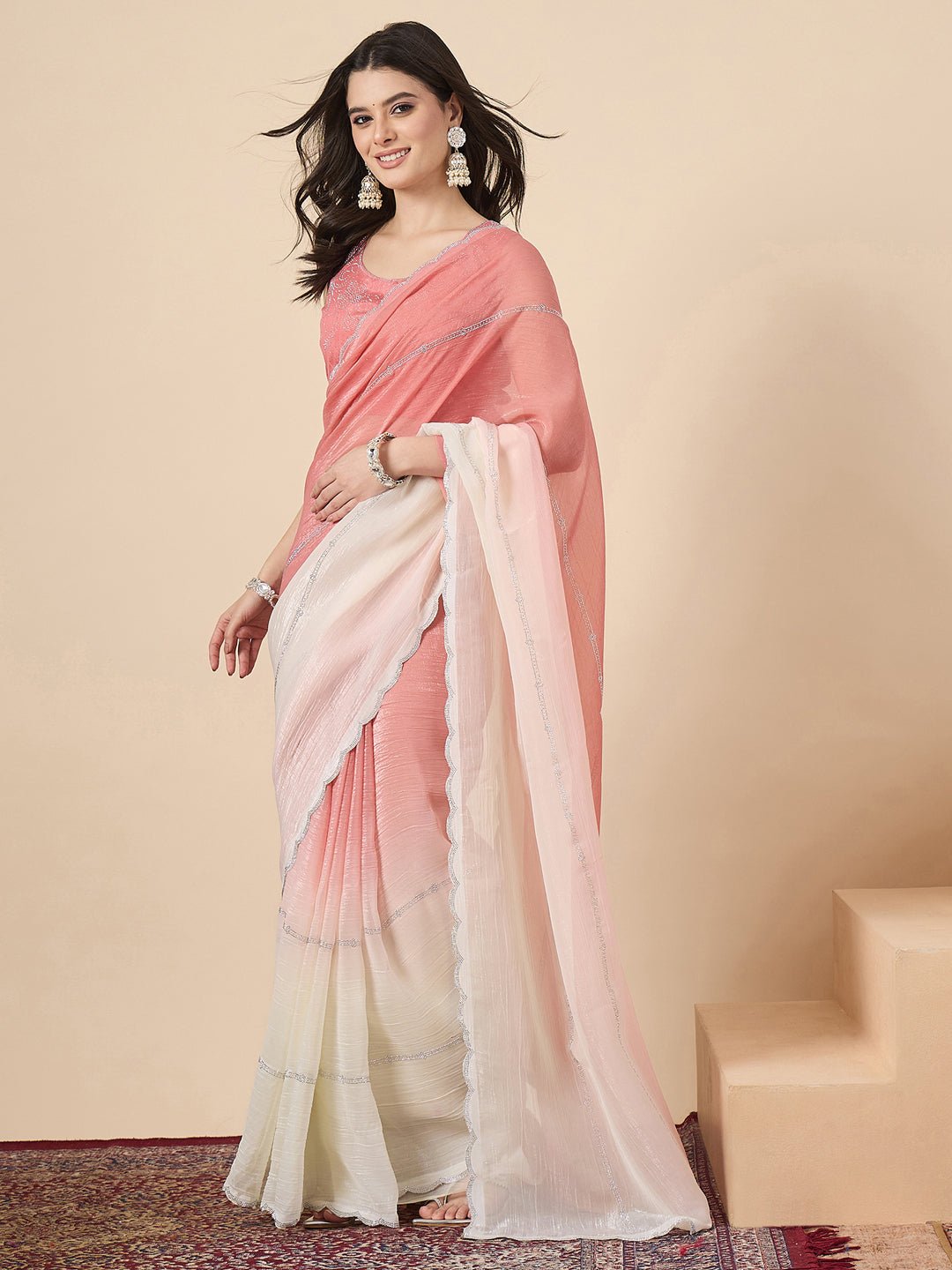 Rani Pink Ombre Organza Saree with Stone Work - Ressa