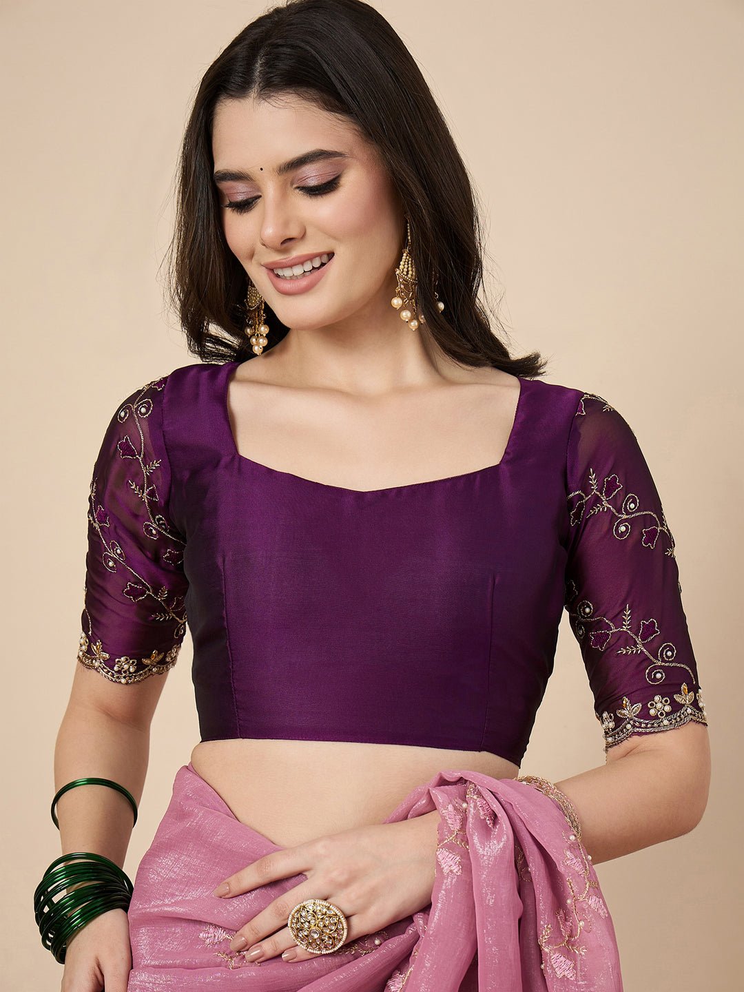 Rani Pink Organza Embroidered Saree with Blouse - Ressa