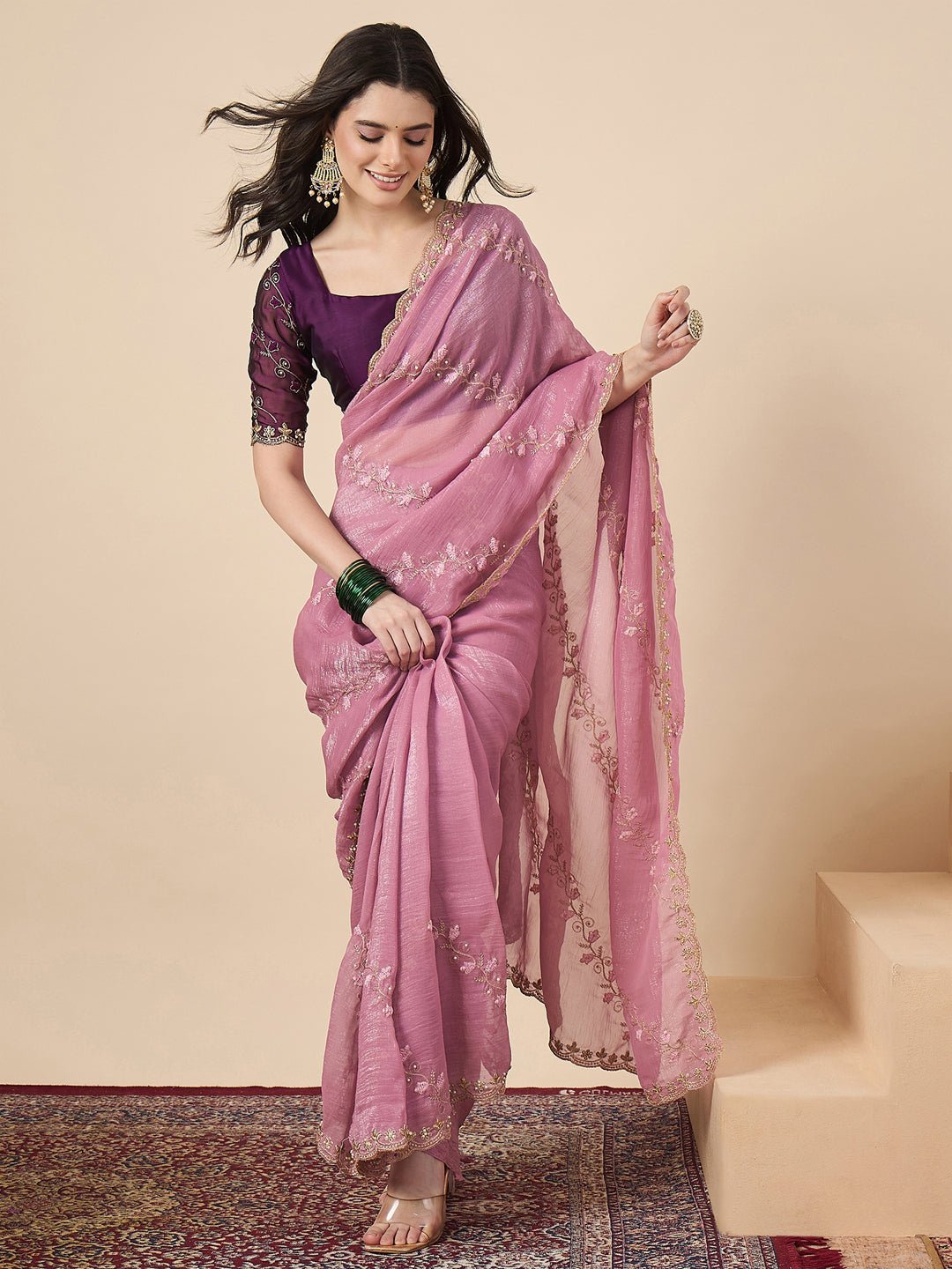 Rani Pink Organza Embroidered Saree with Blouse - Ressa