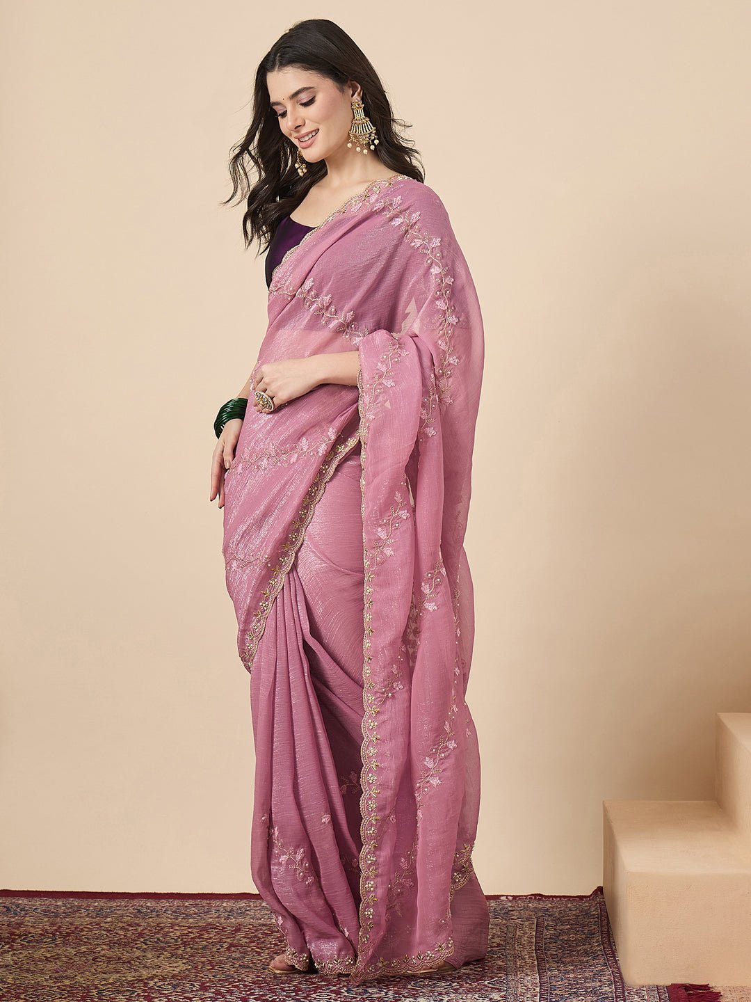 Rani Pink Organza Embroidered Saree with Blouse - Ressa