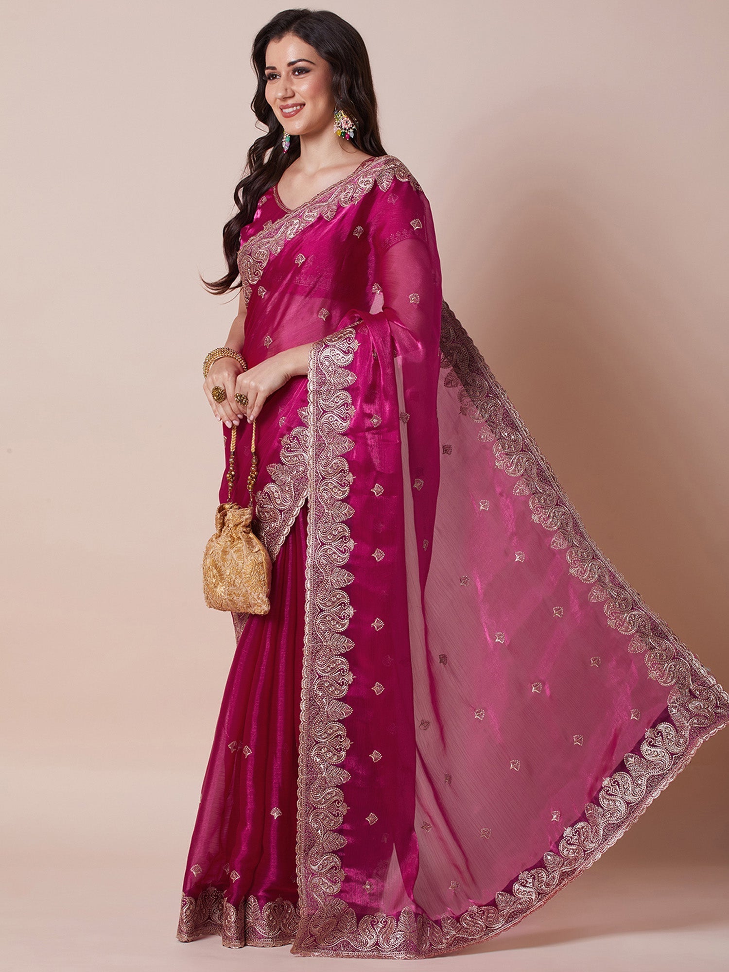 Rani Pink Organza Silk Saree with Zari Embroidery & Paisley Border - Ressa