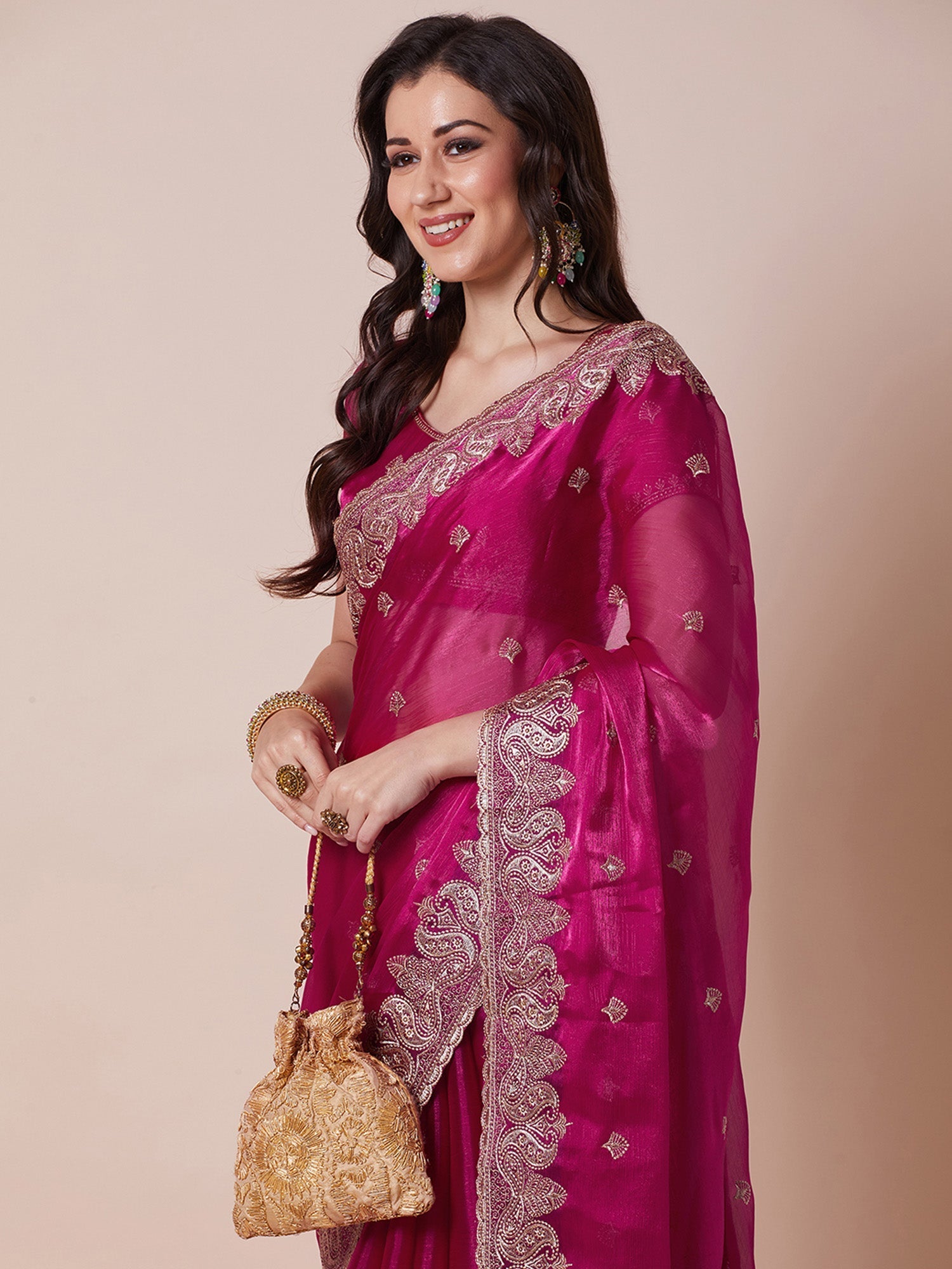 Rani Pink Organza Silk Saree with Zari Embroidery & Paisley Border - Ressa