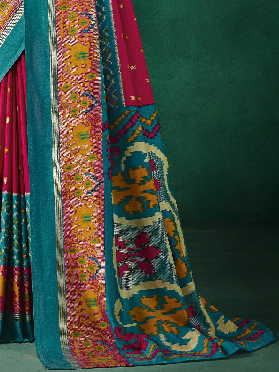 Rani Pink Patola Silk Saree with Teal Ikat Border - Ressa