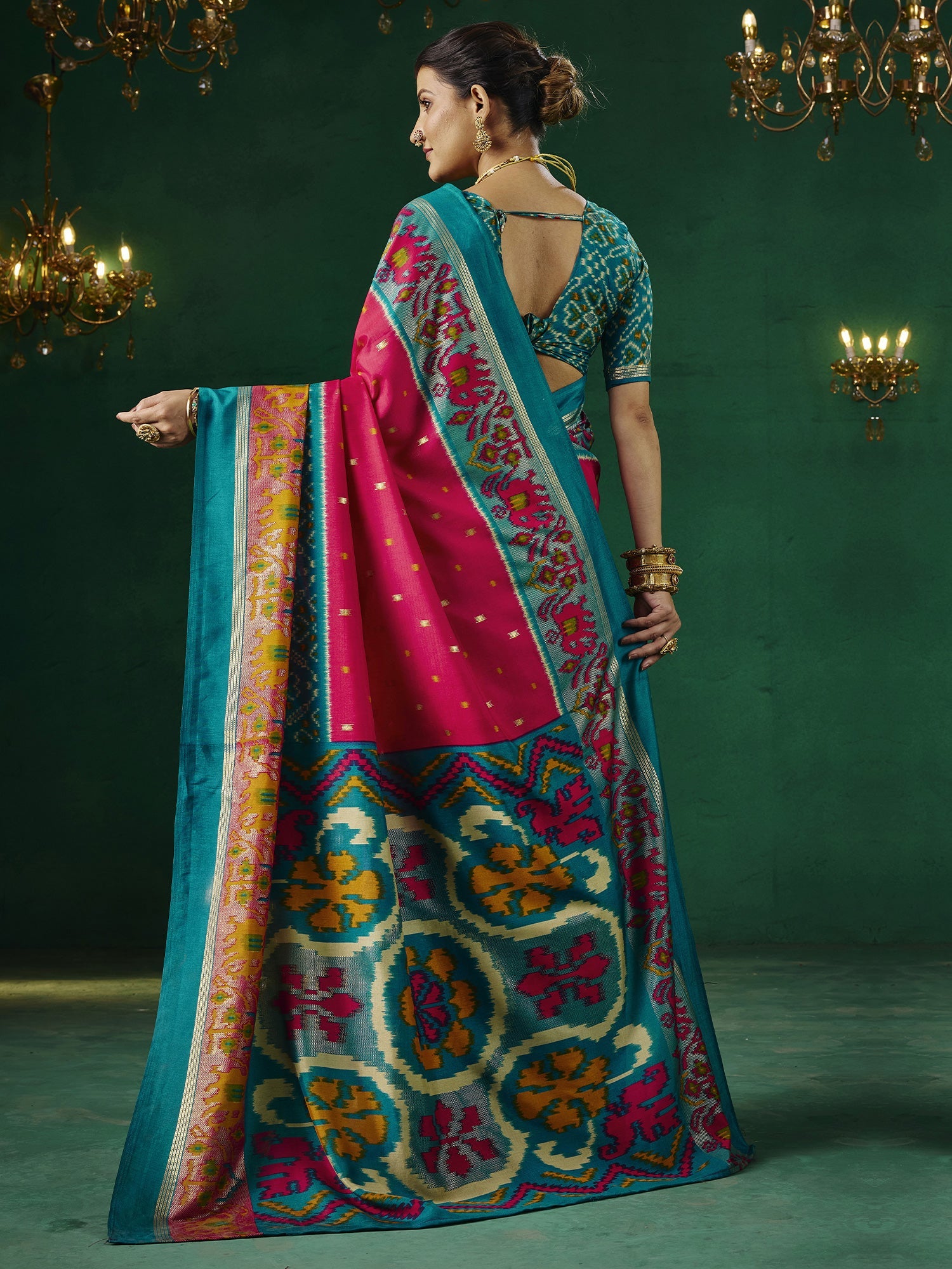 Rani Pink Patola Silk Saree with Teal Ikat Border - Ressa