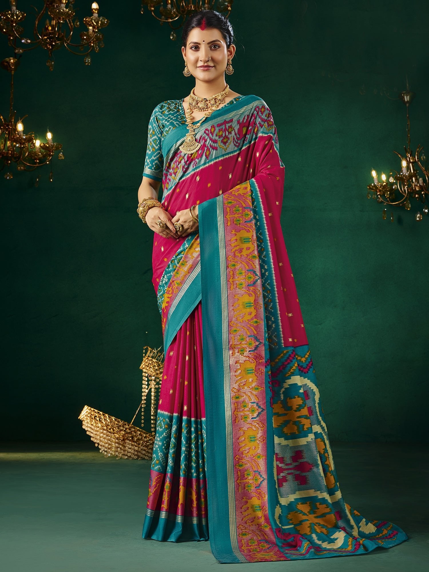 Rani Pink Patola Silk Saree with Teal Ikat Border - Ressa