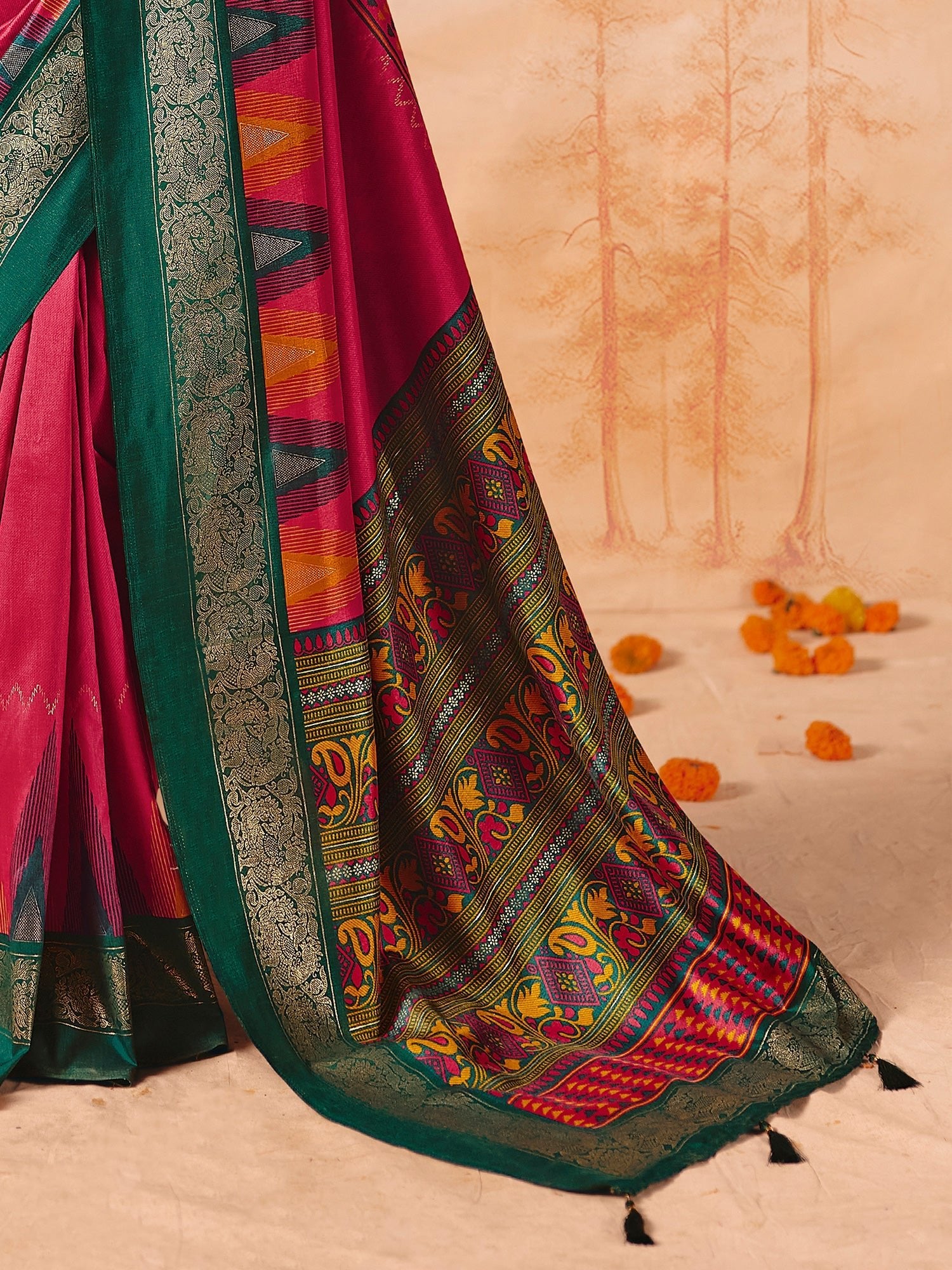 Rani Pink Patola Silk Saree with Teal Zari Border - Ressa