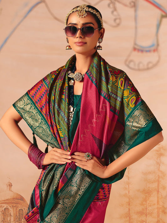 Rani Pink Patola Silk Saree with Teal Zari Border - Ressa
