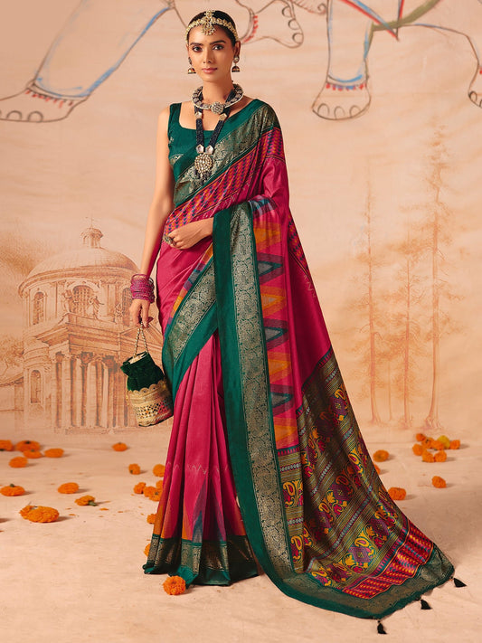 Rani Pink Patola Silk Saree with Teal Zari Border - Ressa