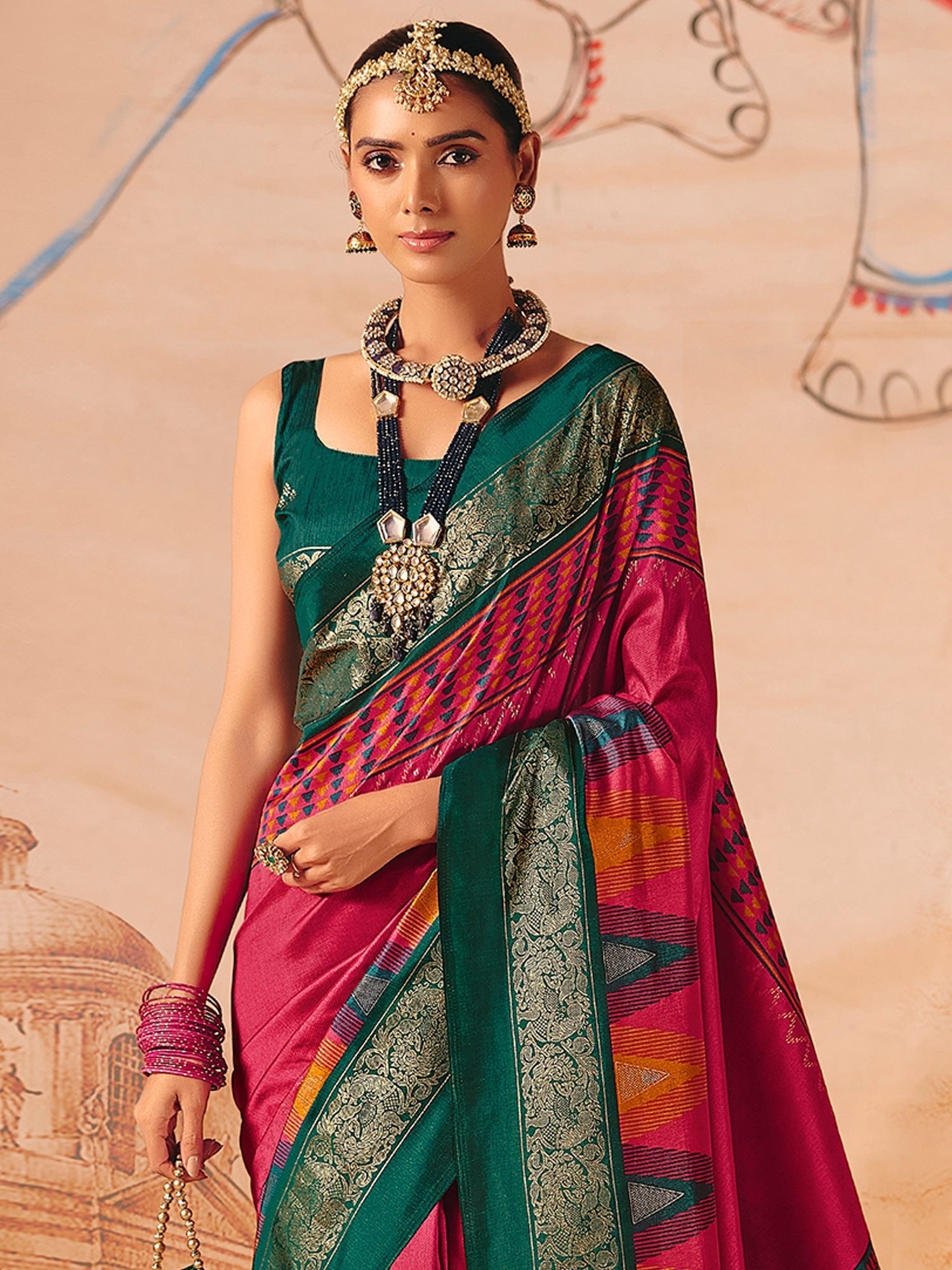Rani Pink Patola Silk Saree with Teal Zari Border - Ressa