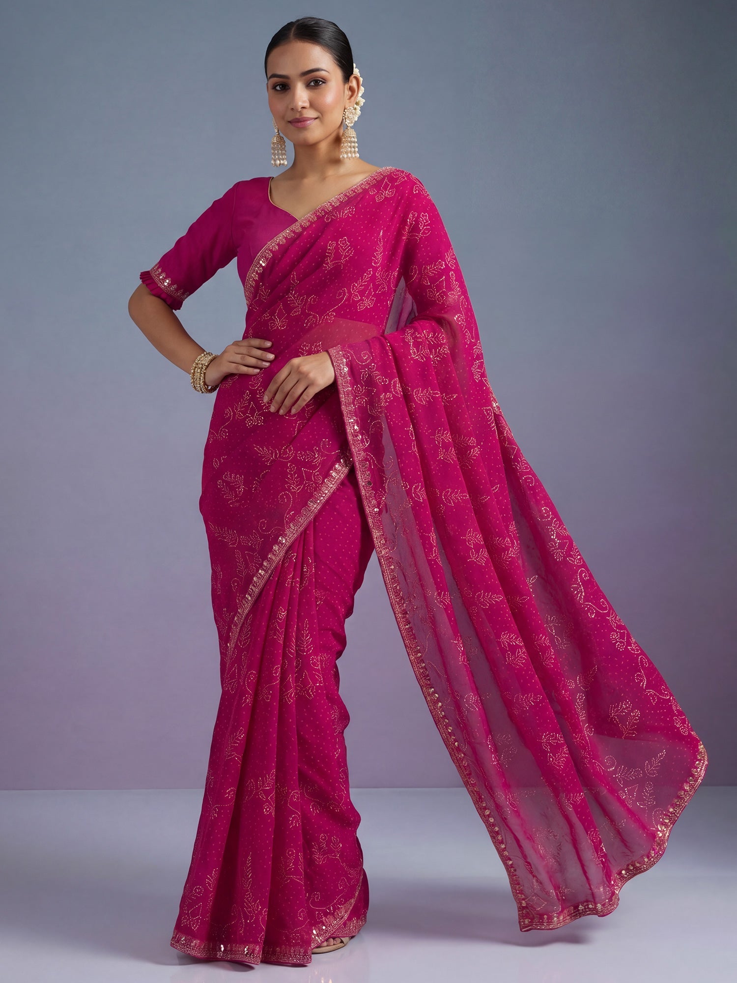 Rani Pink Pure Georgette Saree with Mukaish Work and Sequins Border - Ressa