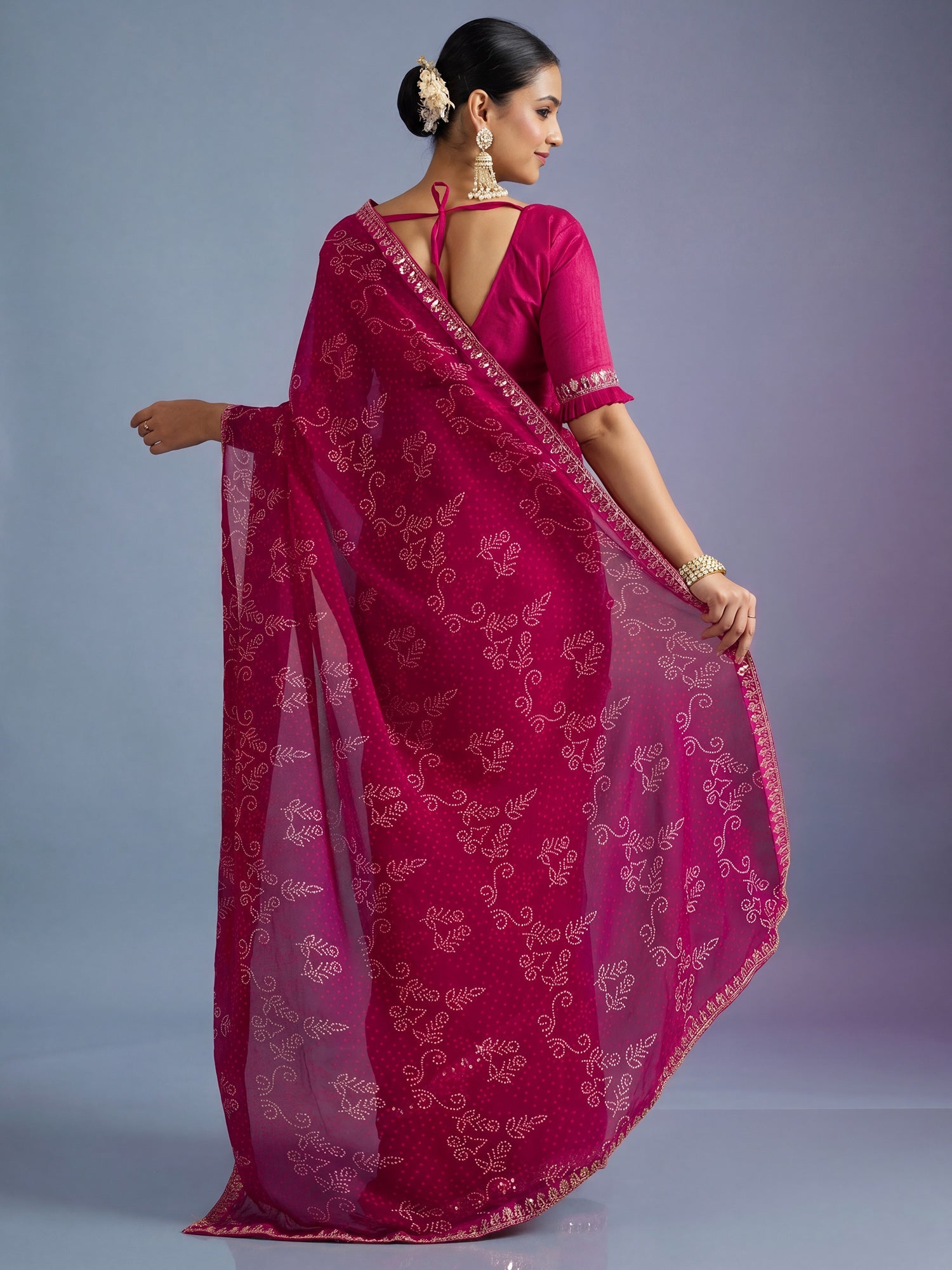 Rani Pink Pure Georgette Saree with Mukaish Work and Sequins Border - Ressa