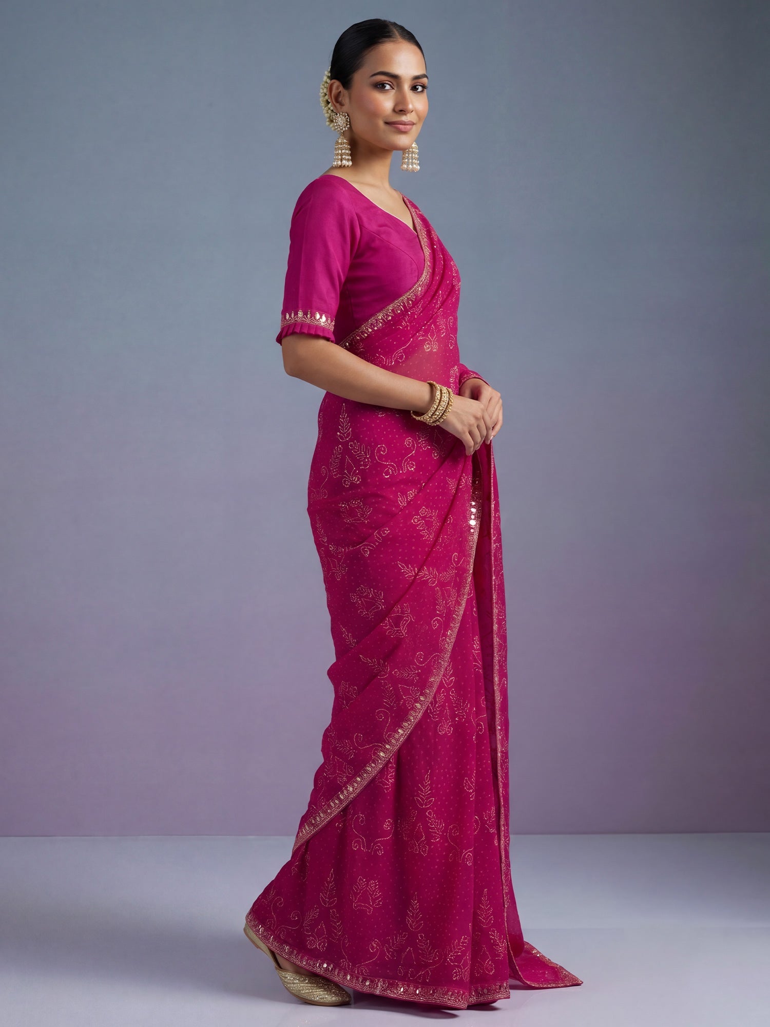Rani Pink Pure Georgette Saree with Mukaish Work and Sequins Border - Ressa